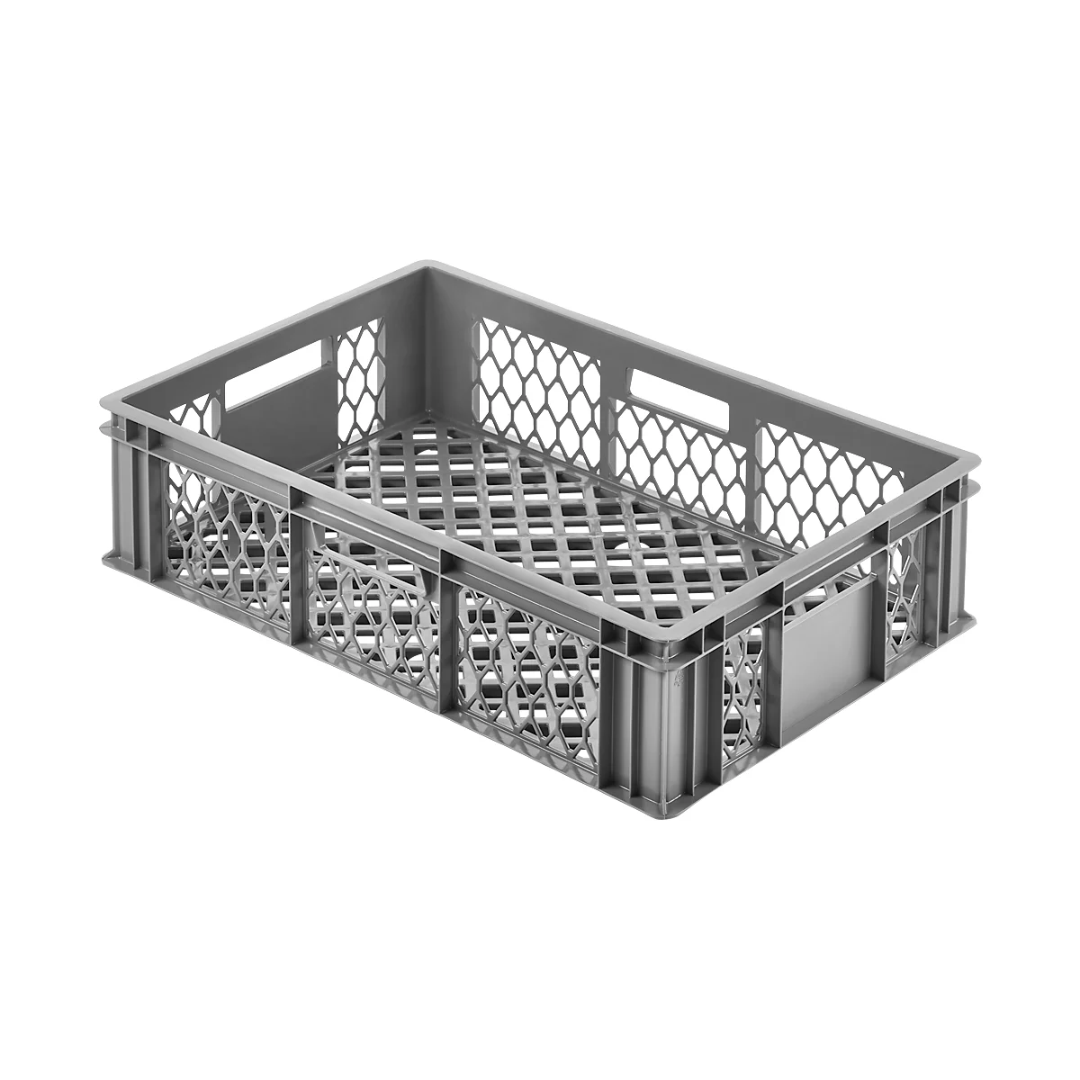 Grey plastic transport crate with honeycomb sides. Rectangular shape, open interior, carrying handles.