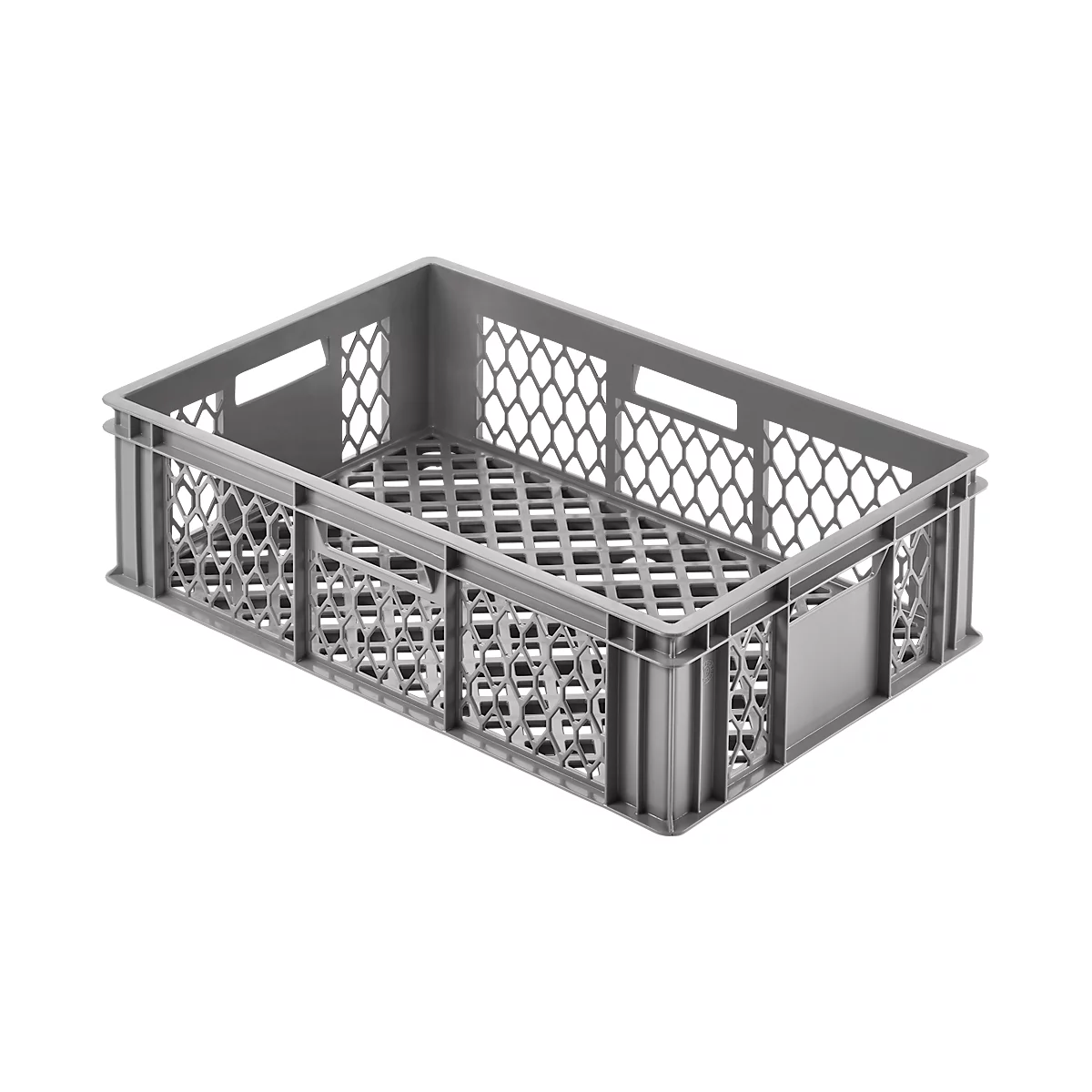 Gray plastic crate with a honeycomb pattern on the sides and bottom.