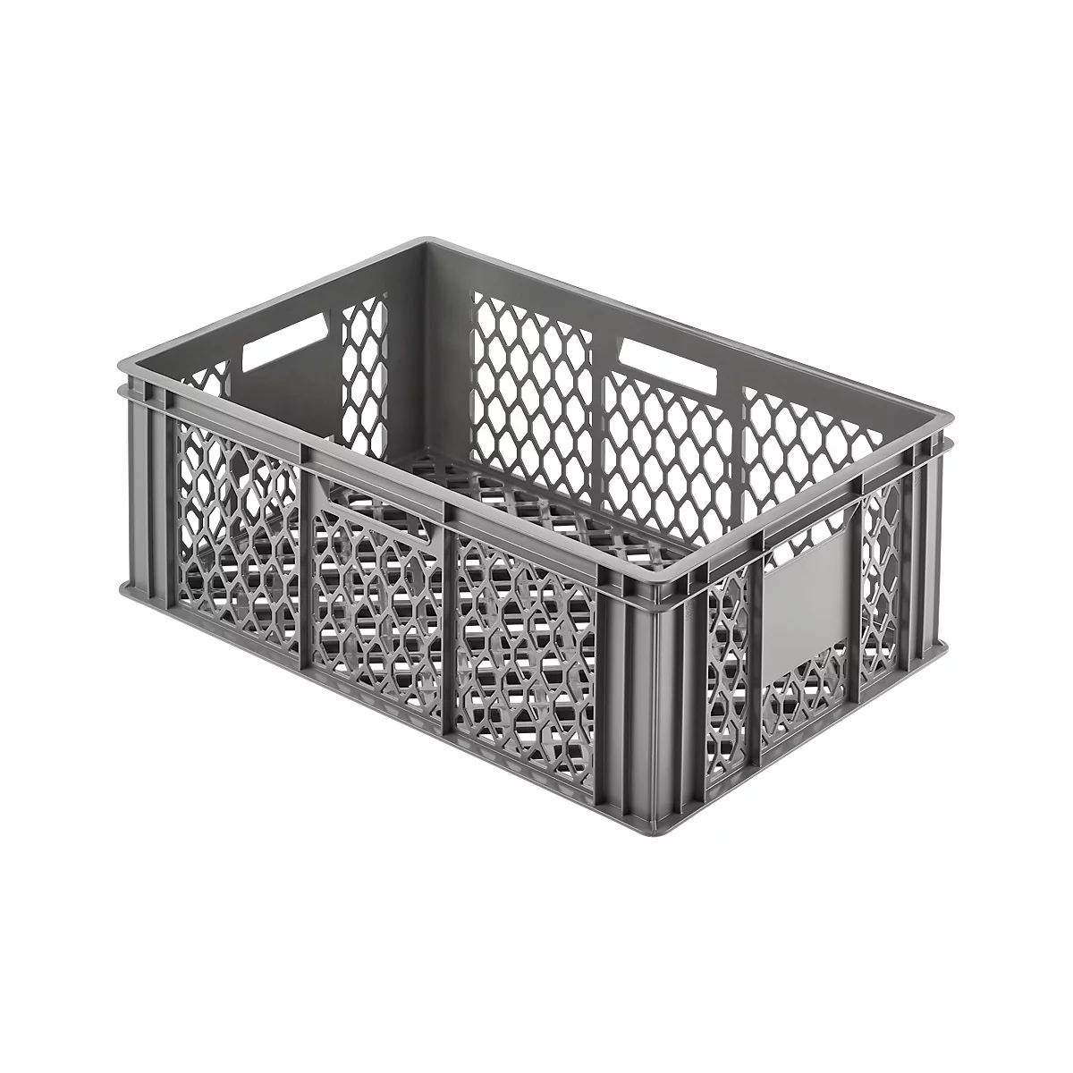 Grey plastic crate with handles and honeycomb pattern. It stands against a white background.