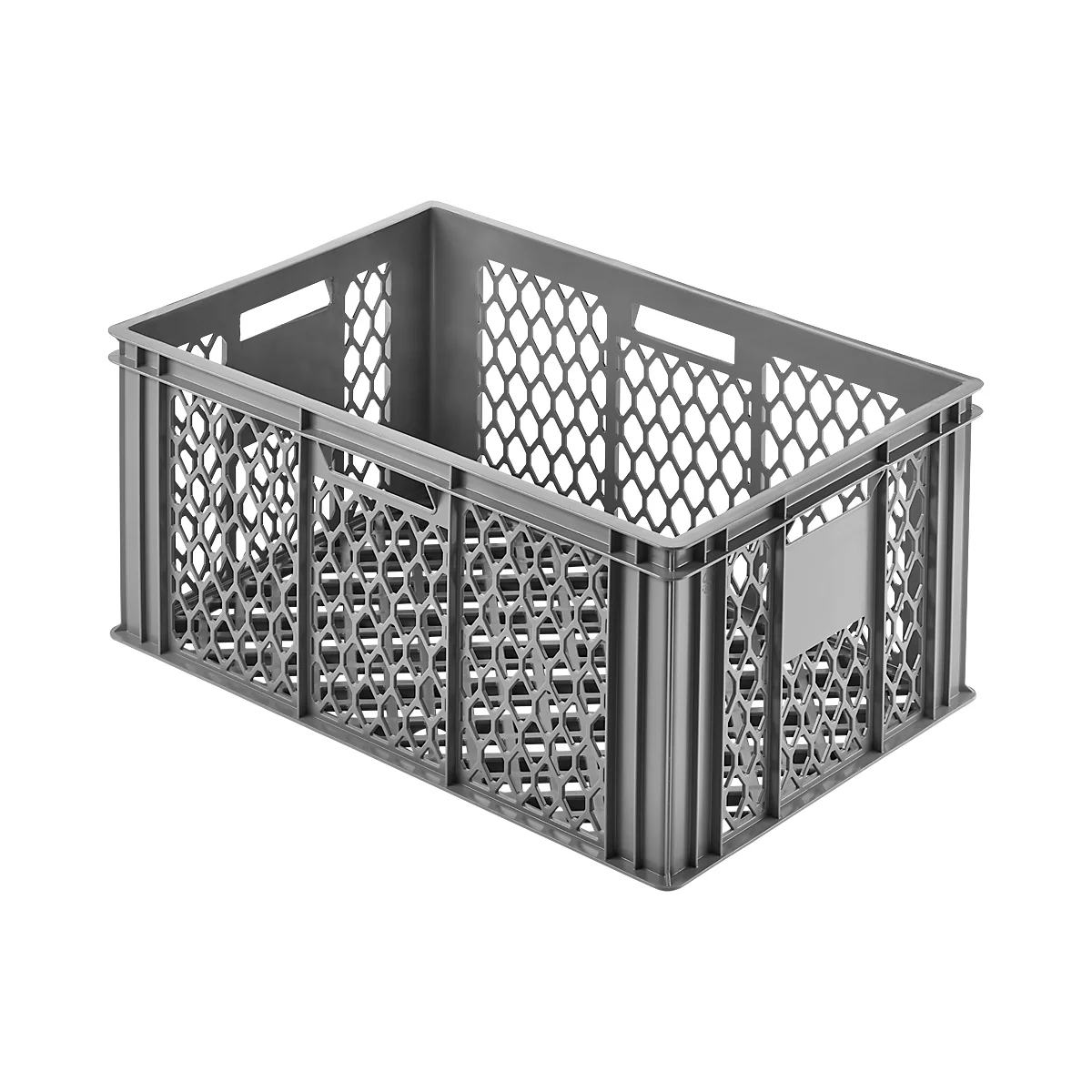 Gray, rectangular plastic crate with a hole pattern. Handles are cut out on the sides.