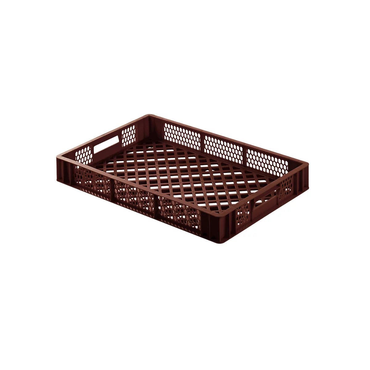 Brown plastic bakery crate, rectangular, with lattice pattern and handles.