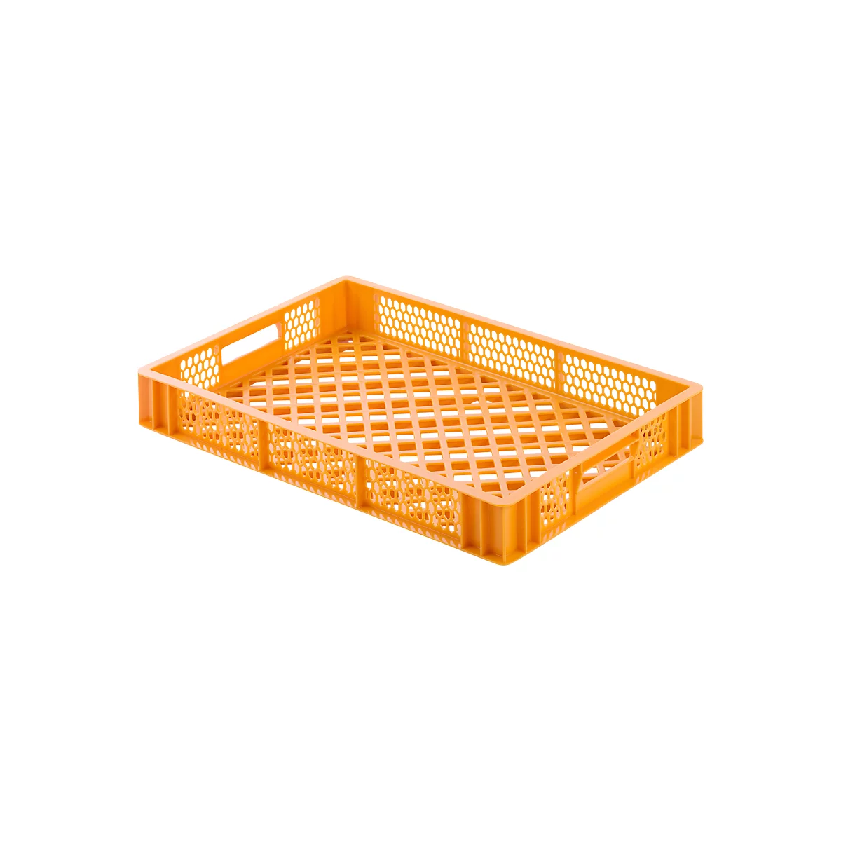 Orange rectangular plastic crate with a lattice pattern and handle openings.