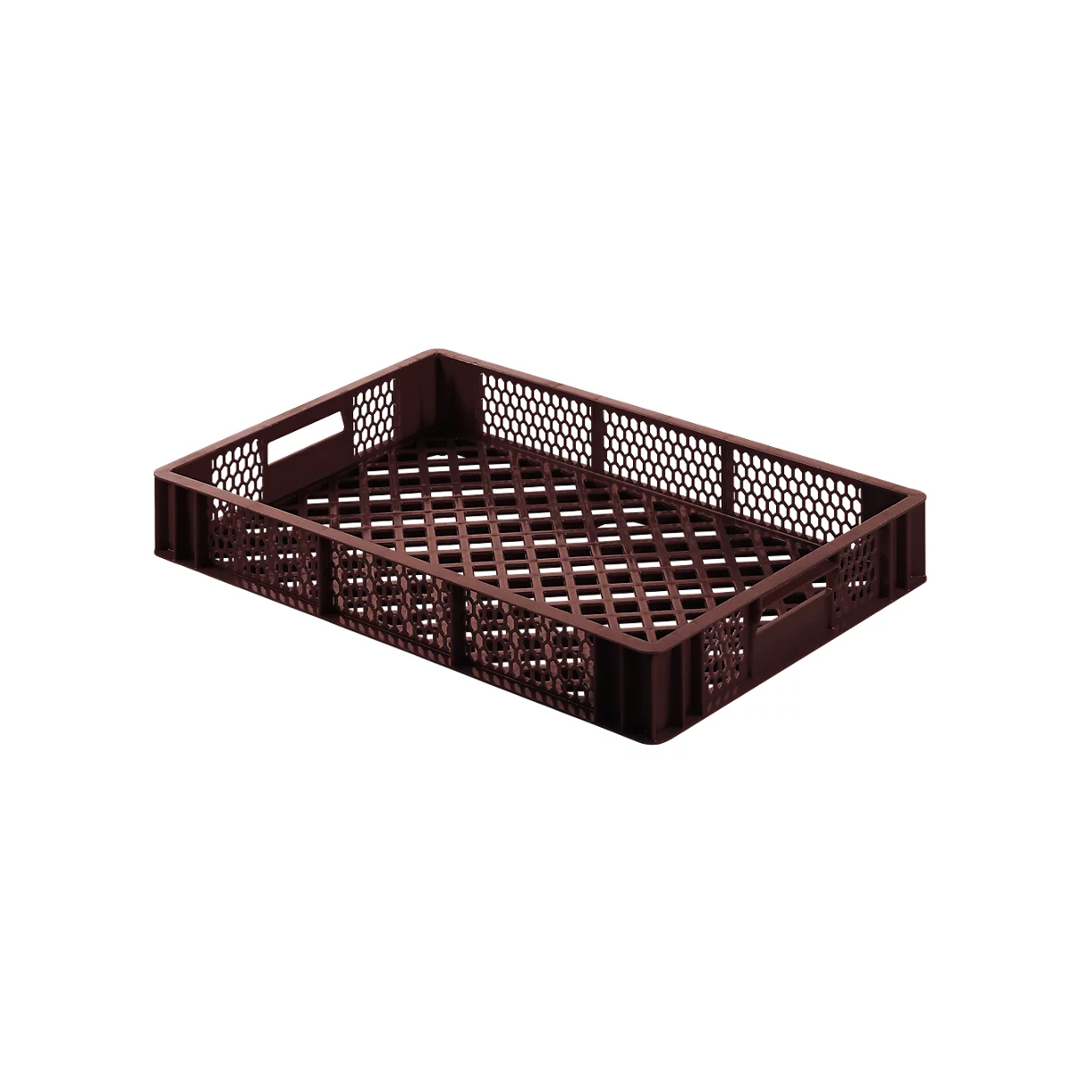 Brown rectangular plastic bakery crate, featuring a hole pattern on the sides and a grid pattern on the bottom.