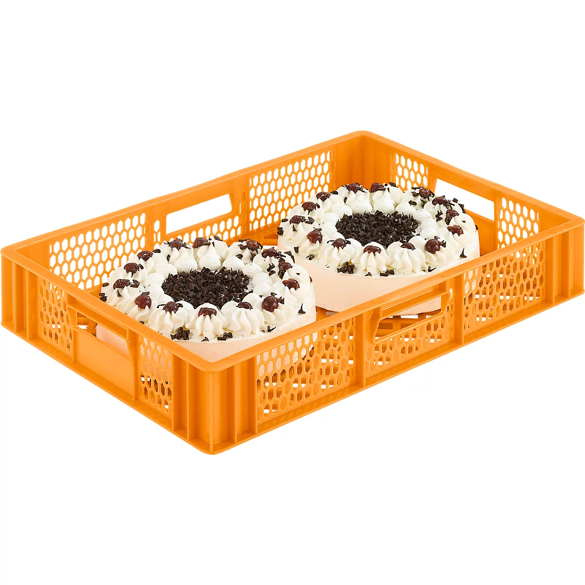Two Black Forest cakes in an orange box.