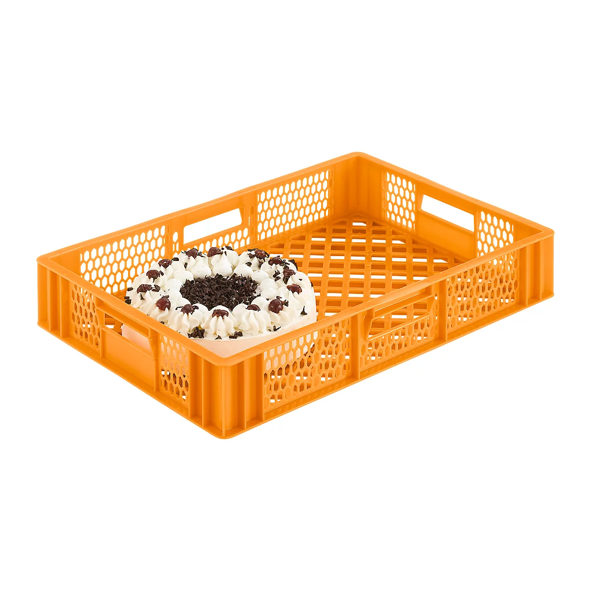 An orange cake container with a piece of cake topped with cream, cherries, and chocolate shavings.