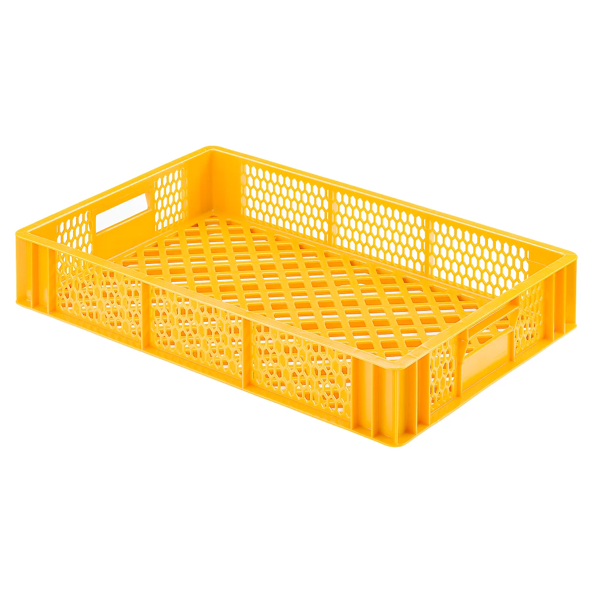 Yellow rectangular plastic crate with lattice pattern. Handles on the sides.