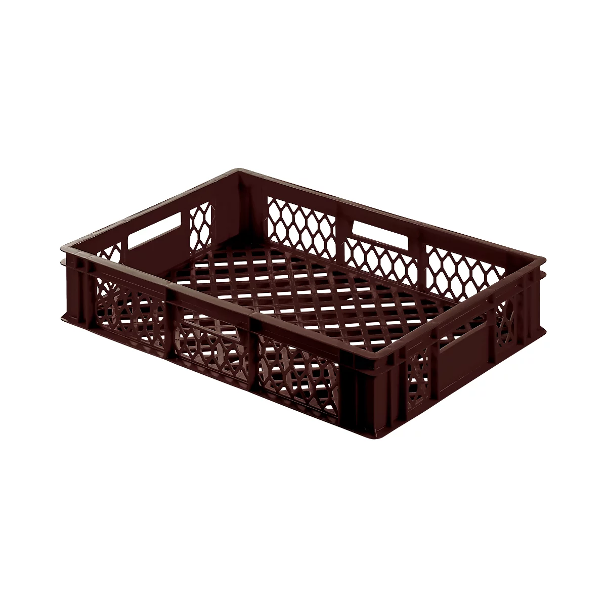 Brown plastic crate with honeycomb openings. Angular shape, handle holes on the sides.