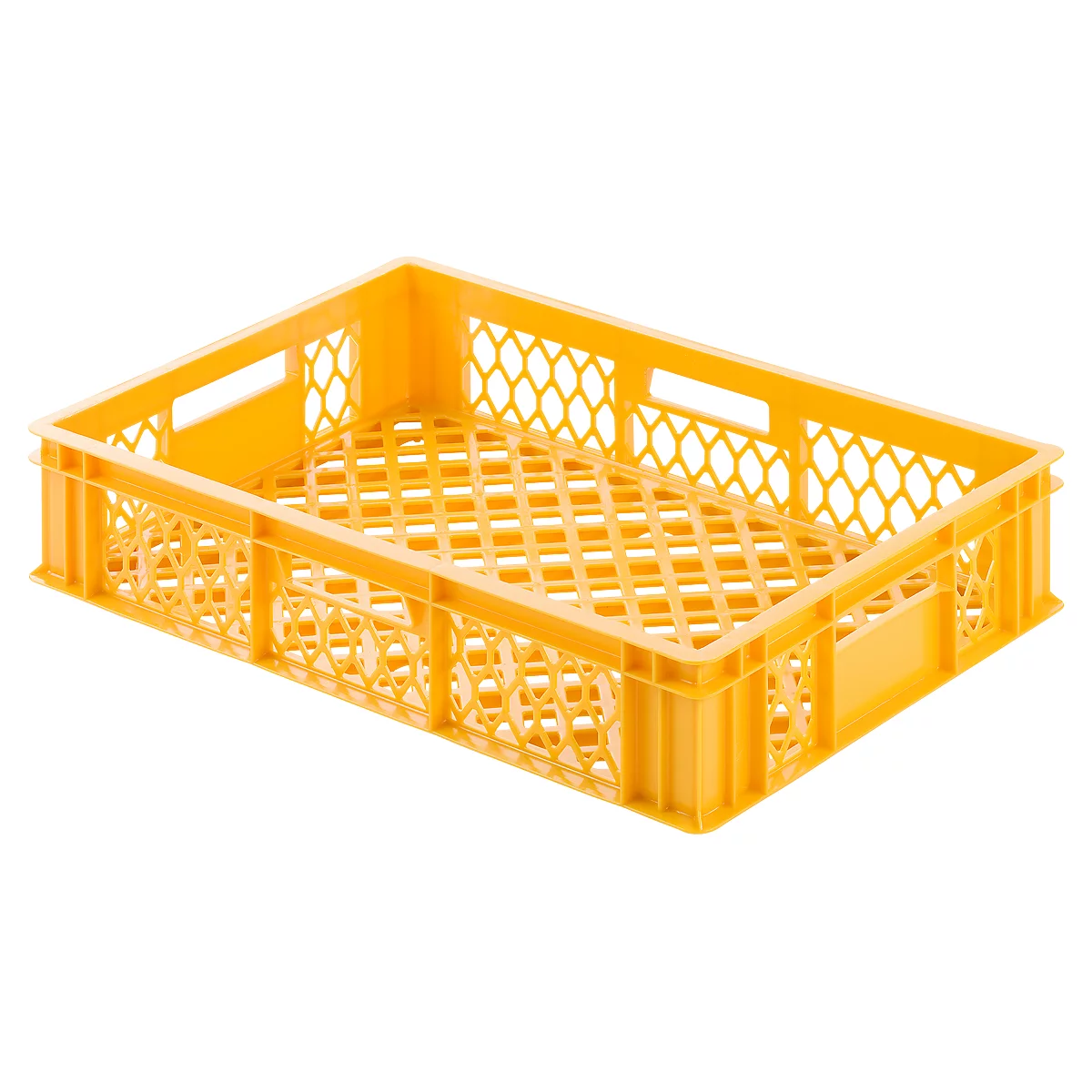 Yellow plastic crate with perforated sides and bottom. Rectangular shape with handle openings. Open and empty.