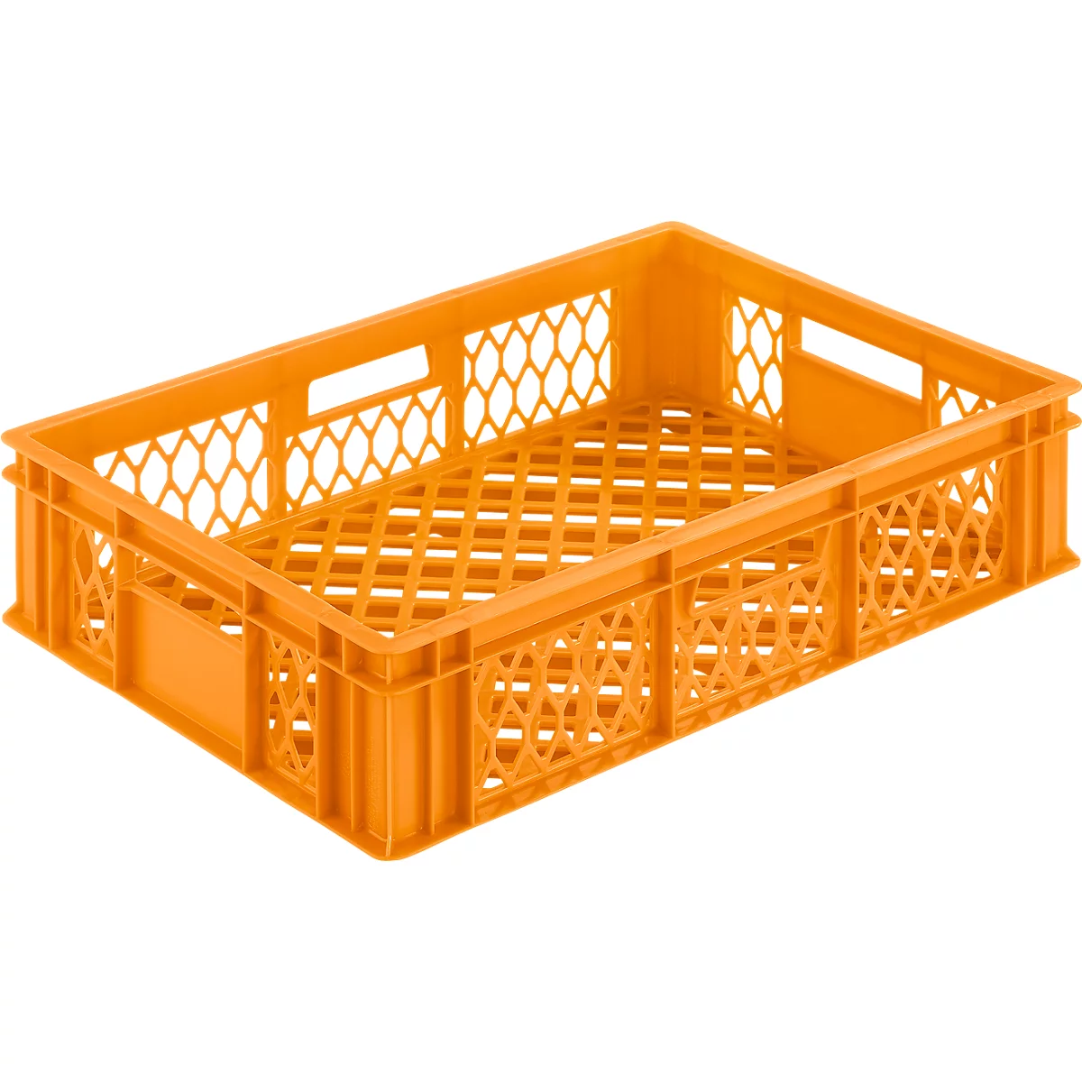 Orange plastic crate with honeycomb pattern and handle openings.