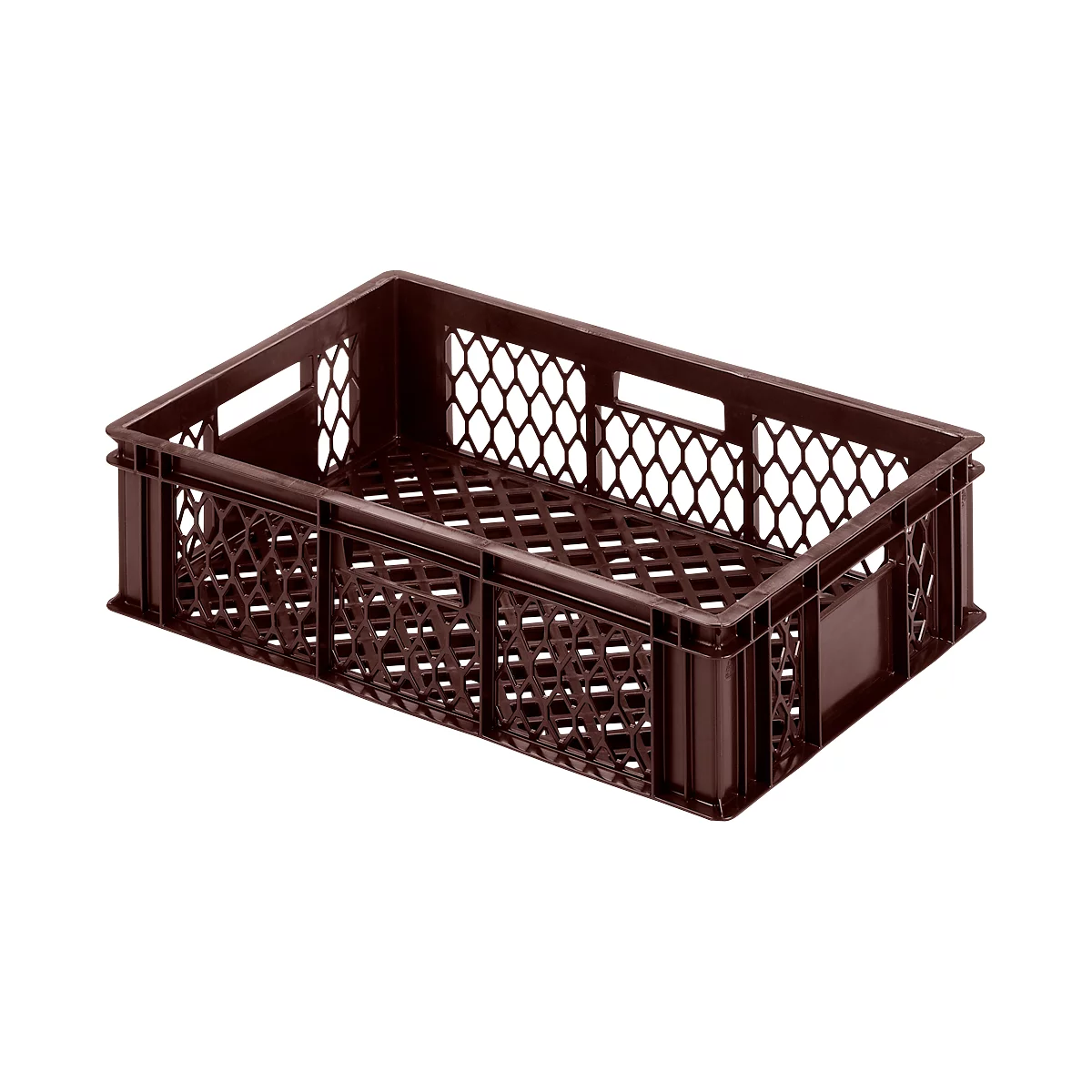 Brown plastic crate with a hole pattern and handle openings on the sides.