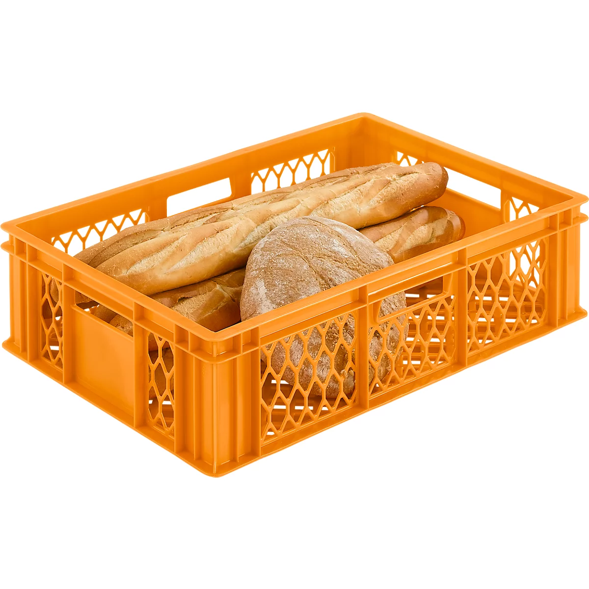 Orange plastic box filled with bread, baguettes, and a round loaf.