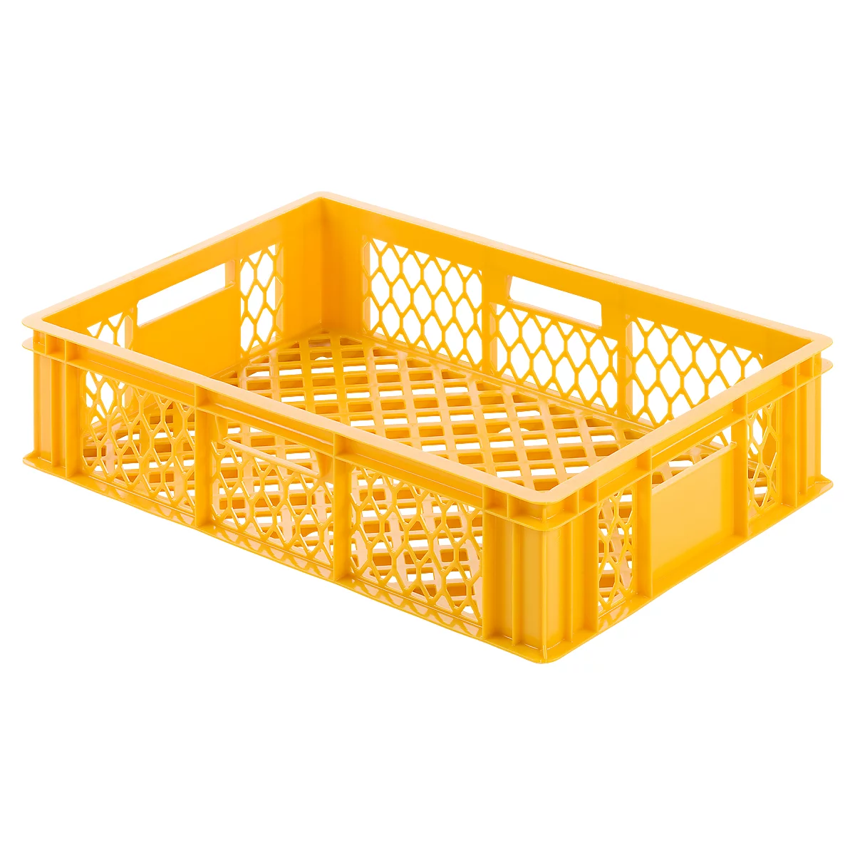 Yellow plastic crate with honeycomb base and sidewalls, handle openings.