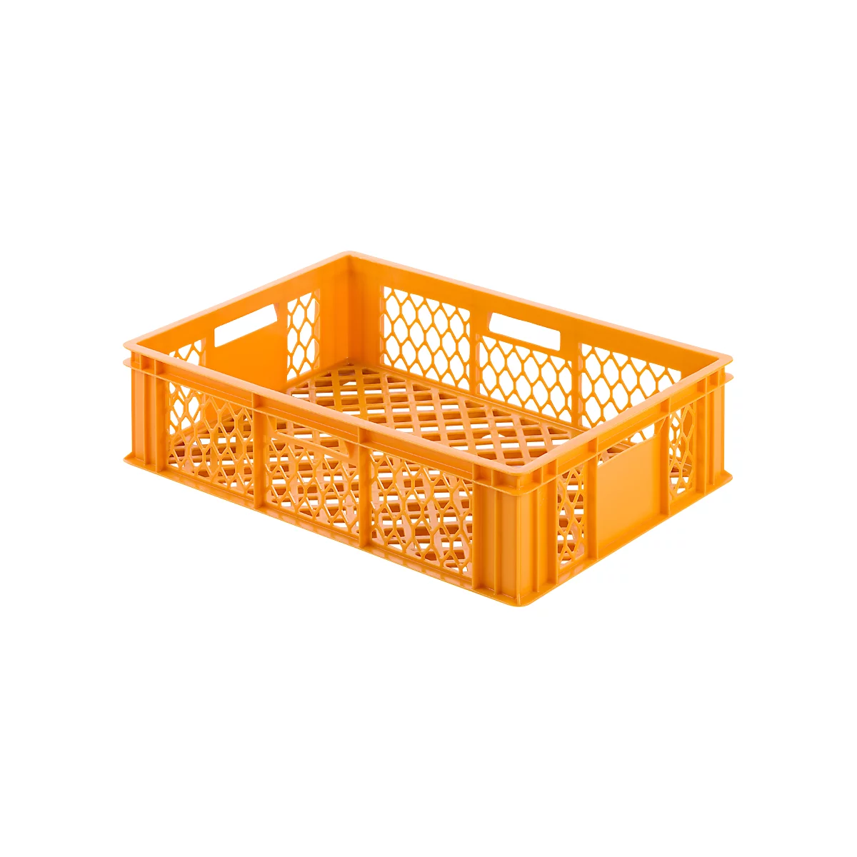 Orange plastic crate, rectangular with openwork walls and handle openings.