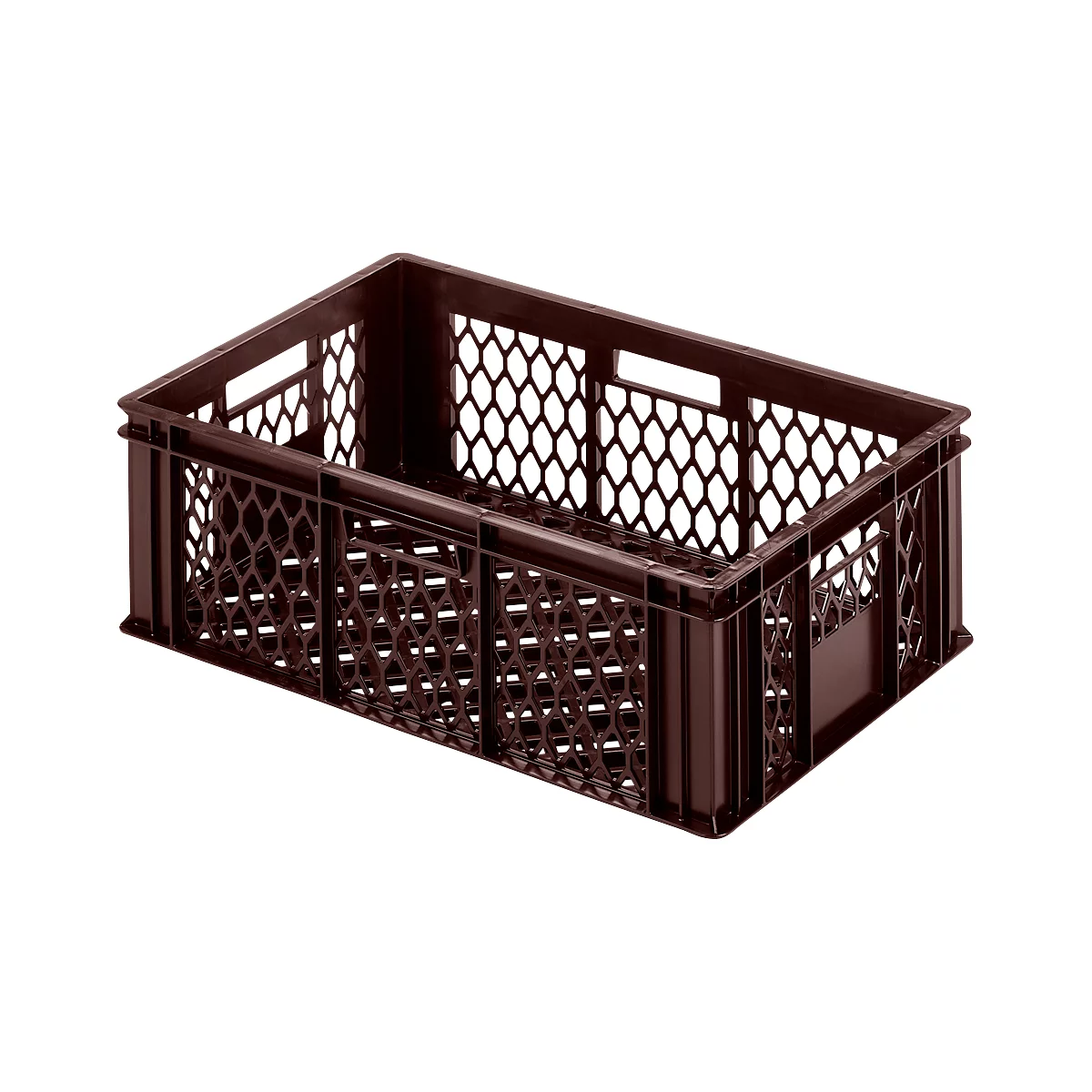 Dark brown rectangular crate with honeycomb side walls and handle openings.
