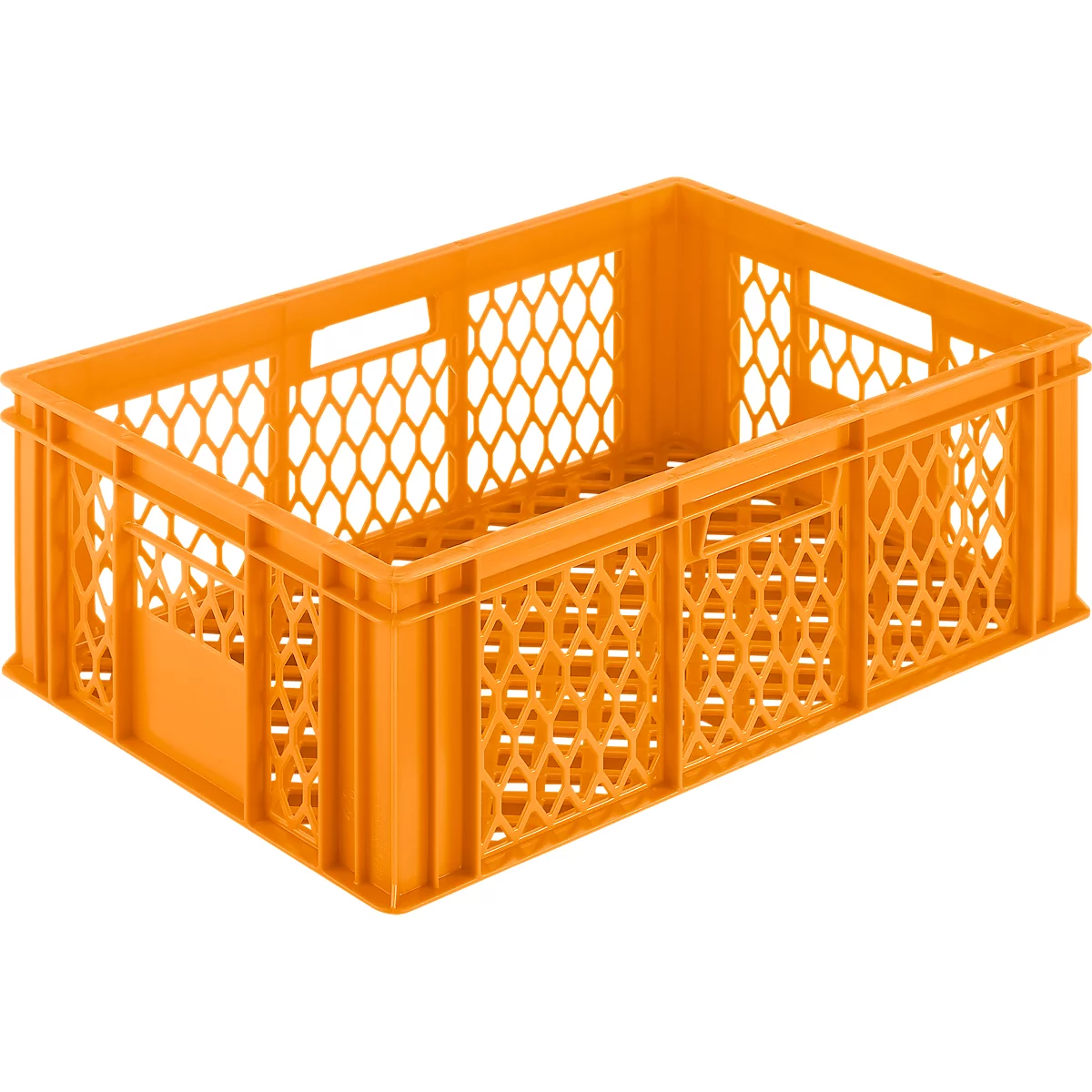 Orange plastic box with honeycomb pattern. Rectangular shape with handle openings. Light gray background.