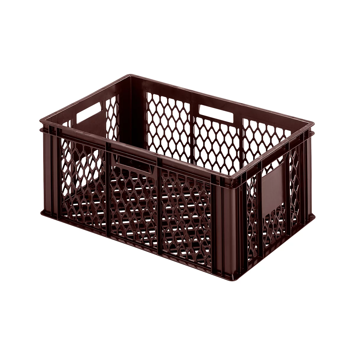 Brown plastic crate with honeycomb design on the sides, handle openings.
