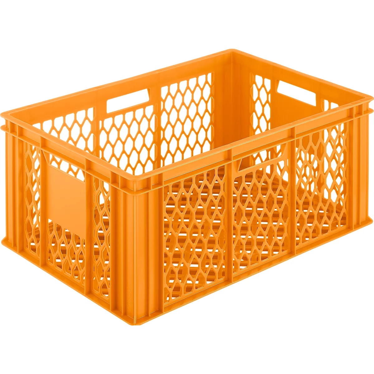 An orange plastic crate used for transporting goods. It has a honeycomb pattern.