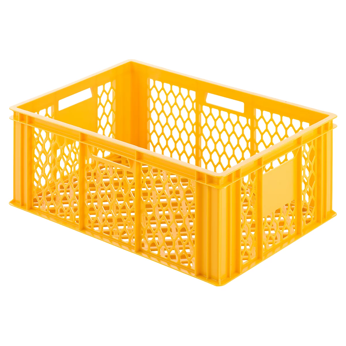 Yellow plastic crate with perforated side walls and handle openings.
