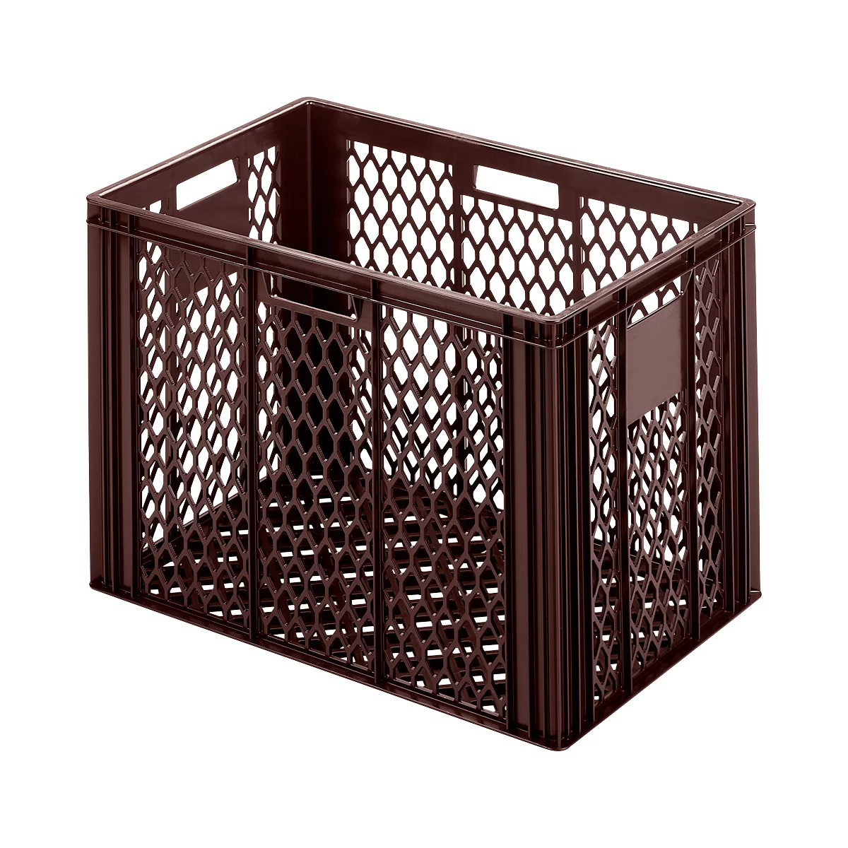 Dark brown plastic crate with hexagonal openings. Rectangular shape with handles and a smooth rectangle on the side.