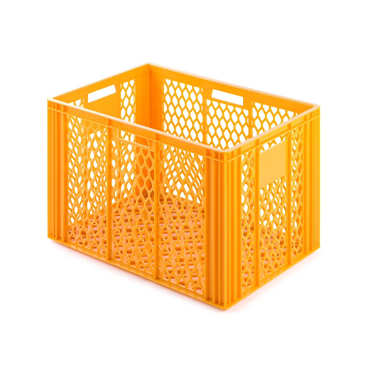 Yellow plastic crate with honeycomb side walls. Two handle openings. Stands against a white background.