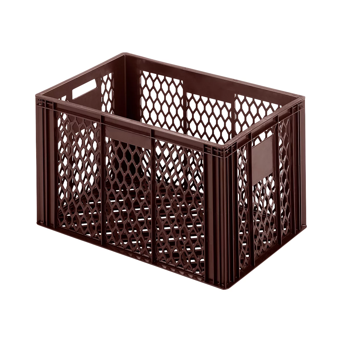 Brown plastic crate with hexagonal grid pattern.