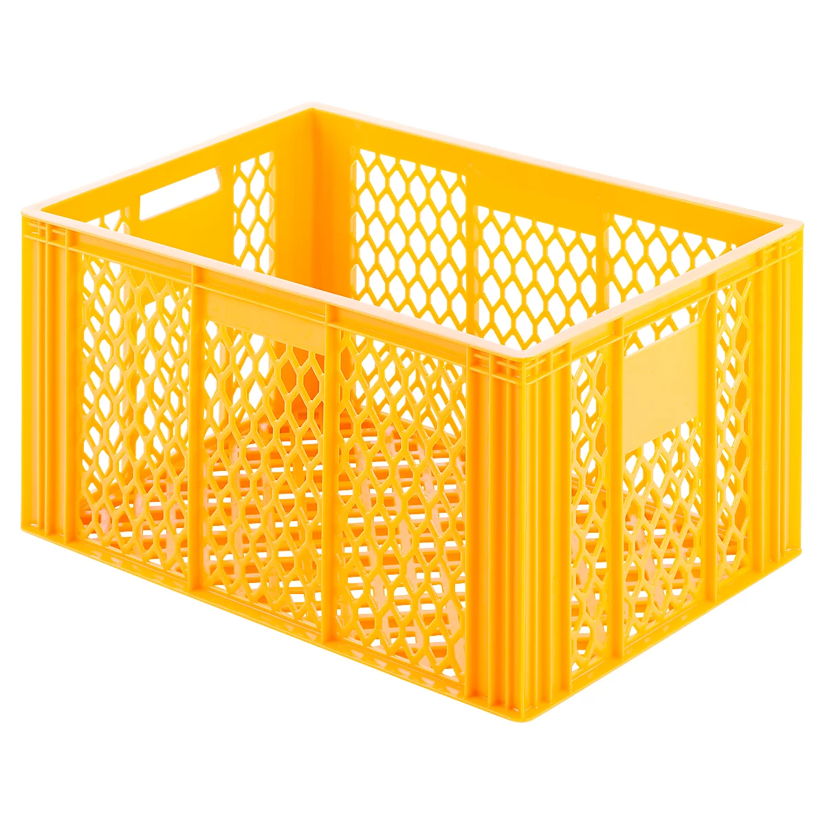 Yellow plastic crate with hexagonal openings, handle cutout, and smooth sides.