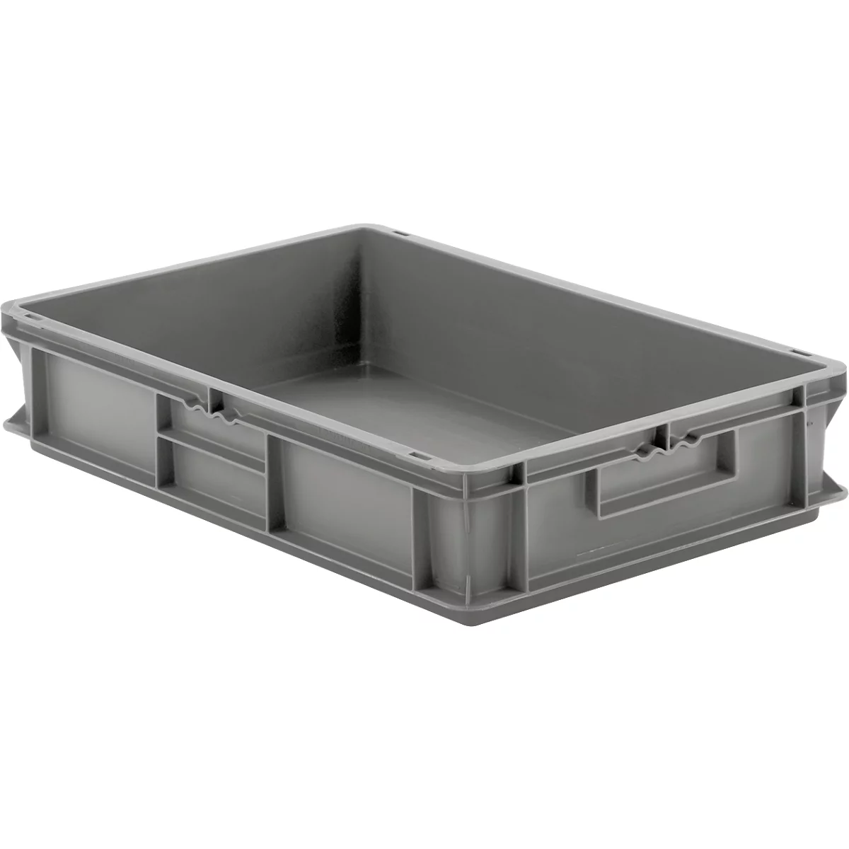 Gray plastic box with handle recesses. Rectangular shape, no content. Handle openings on the sides.
