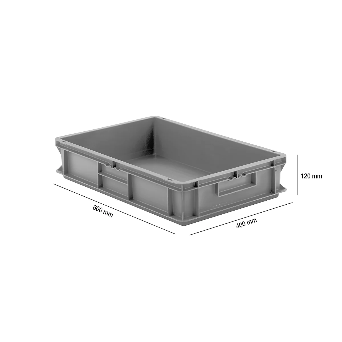 Grey plastic box with handles and dimensions: 600 mm x 400 mm x 120 mm.