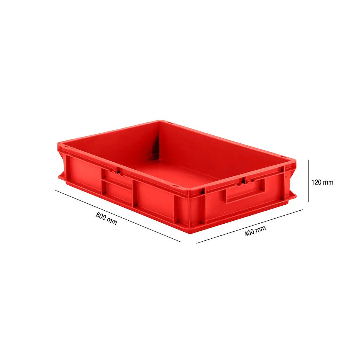 Red plastic box with handles. Dimensions: 600x400x120 mm.