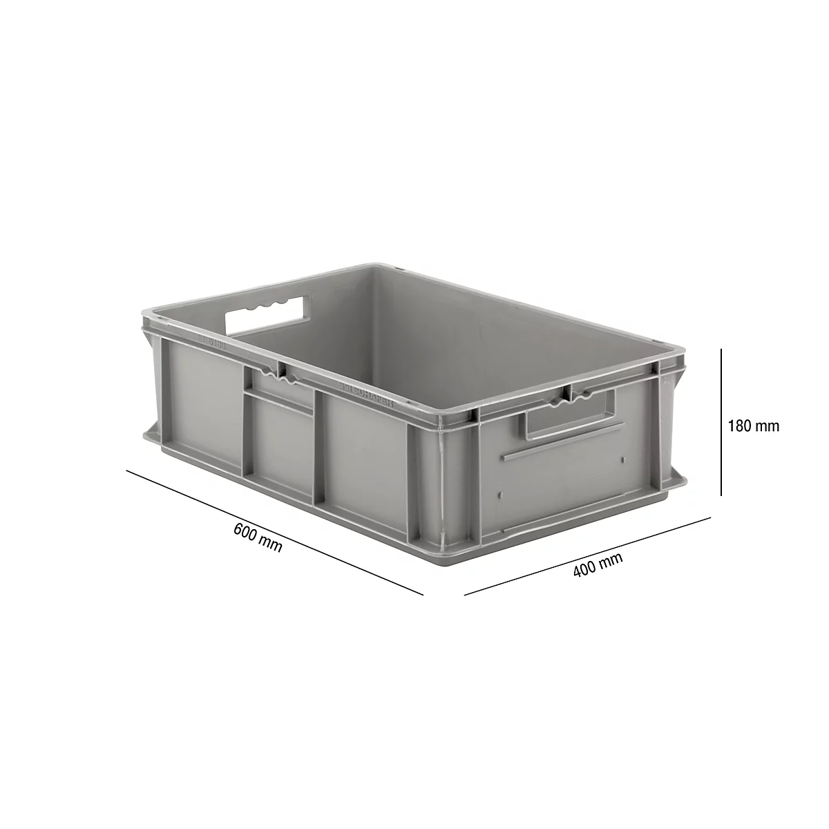 Gray plastic box, dimensions: 600 x 400 x 180 mm, with handles.