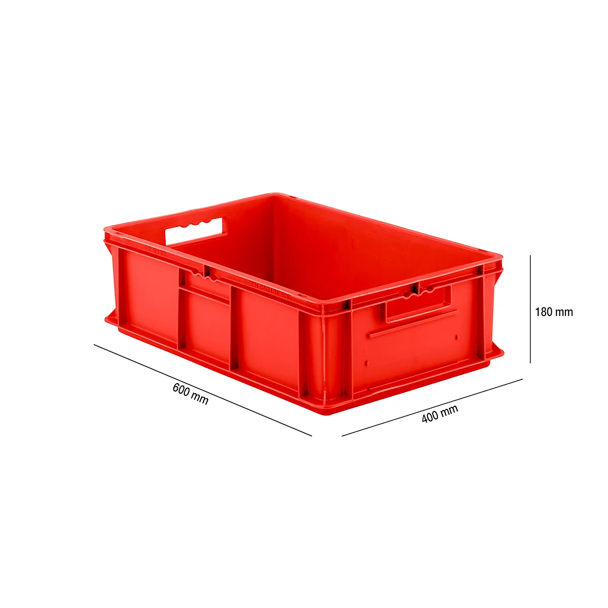 Red plastic box, dimensions: 600 x 400 x 180 mm, with handles and indication of dimensions.
