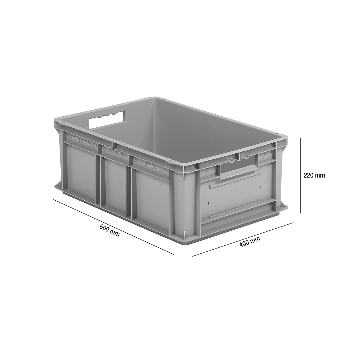Grey plastic box with handles and dimensions: 600mm x 400mm x 220mm.