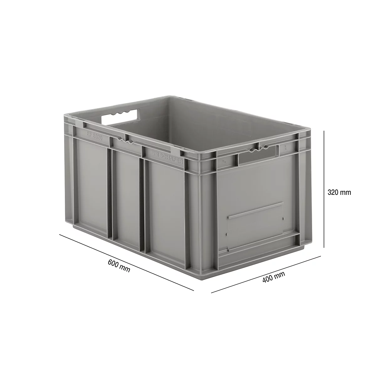 Grey transport box with handles and dimensions. Length: 600 mm, width: 400 mm, height: 320 mm.