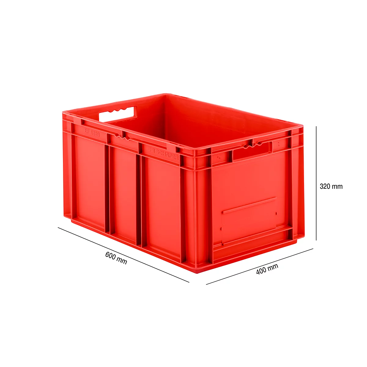 Red plastic crate with dimensions 600 x 400 x 320 mm. Handle openings on the sides. It stands against a white background.
