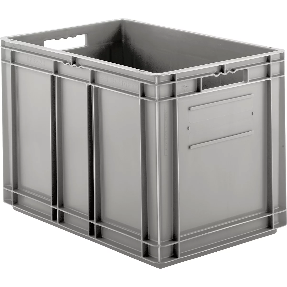 Gray plastic box with handles. The box has a rectangular shape and a smooth surface.