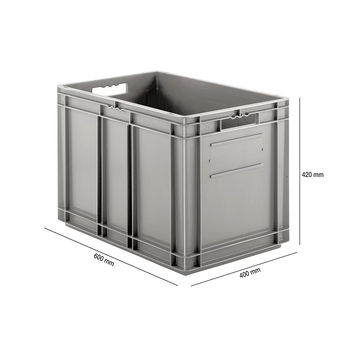 Gray storage box with handles and dimensions 600x400x420mm, in front of a white background.