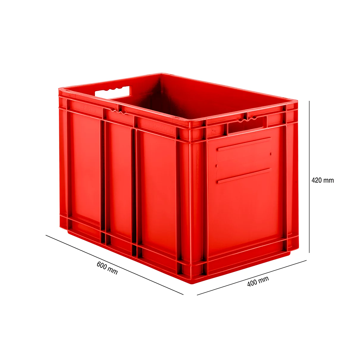 Red plastic crate with handles, side view. Dimensions: 600x400x420 mm.
