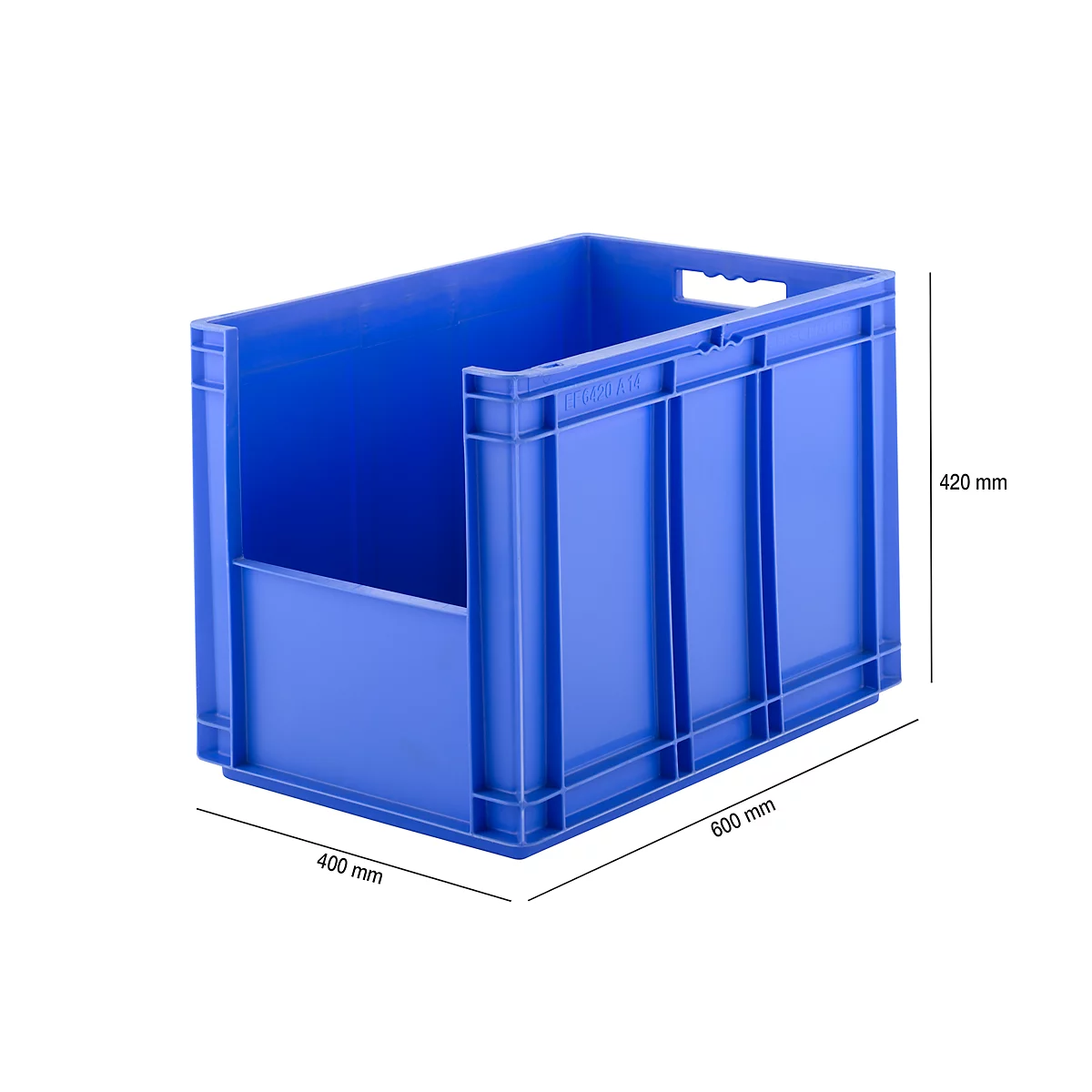 Blue plastic box with dimensions 600 x 400 x 420 mm, in front of a white background.