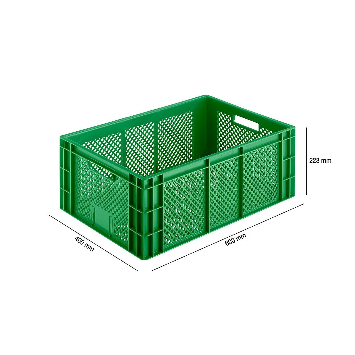 Groene, rechthoekige plastic krat met gaaspatroon, afmetingen gelabeld. Krat staat op een witte achtergrond.