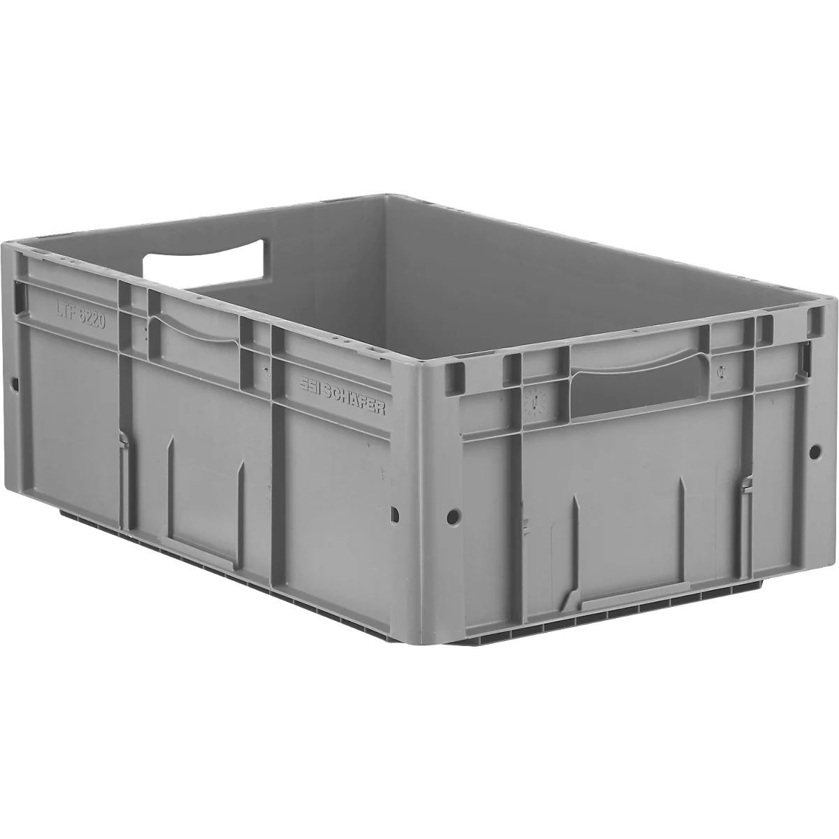 Boîte en plastique grise avec poignées, rectangulaire, vide.