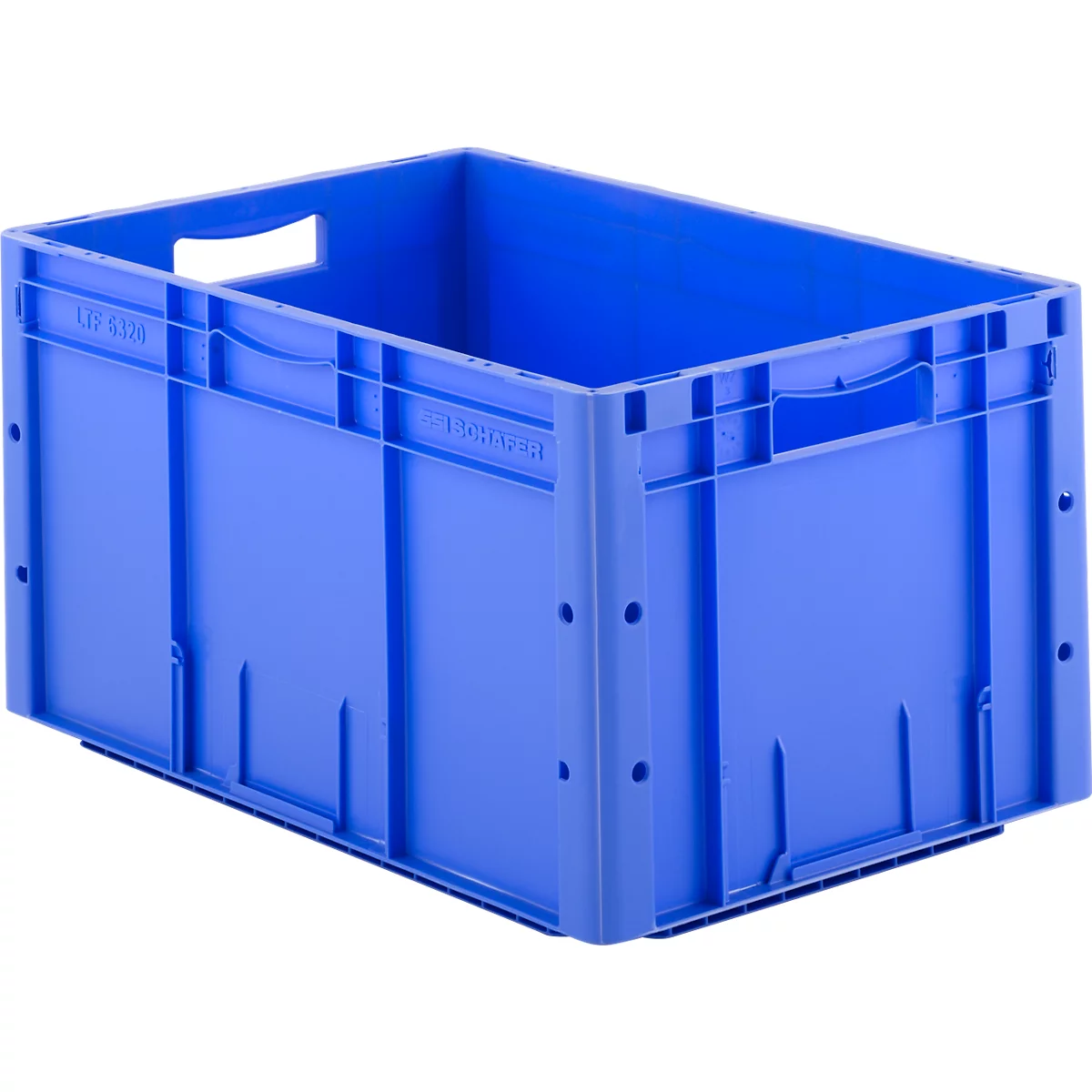 Bac en plastique bleu avec ouvertures de poignée, découpes latérales et texte.