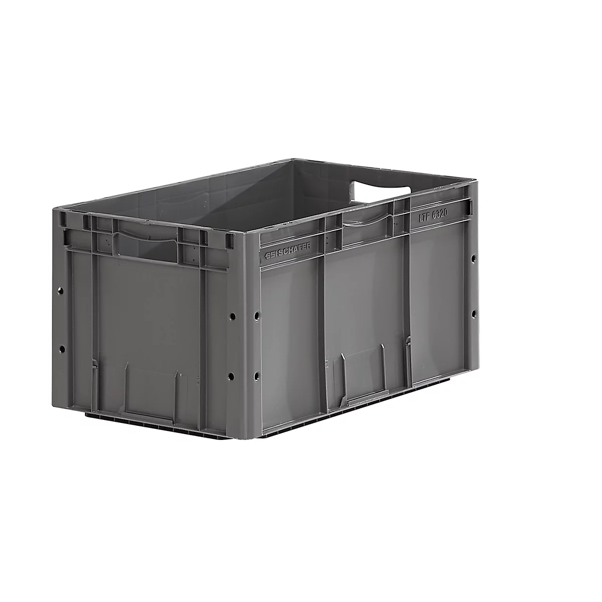 Graue Kunststoffbox mit Grifföffnungen, steht auf weißem Hintergrund.