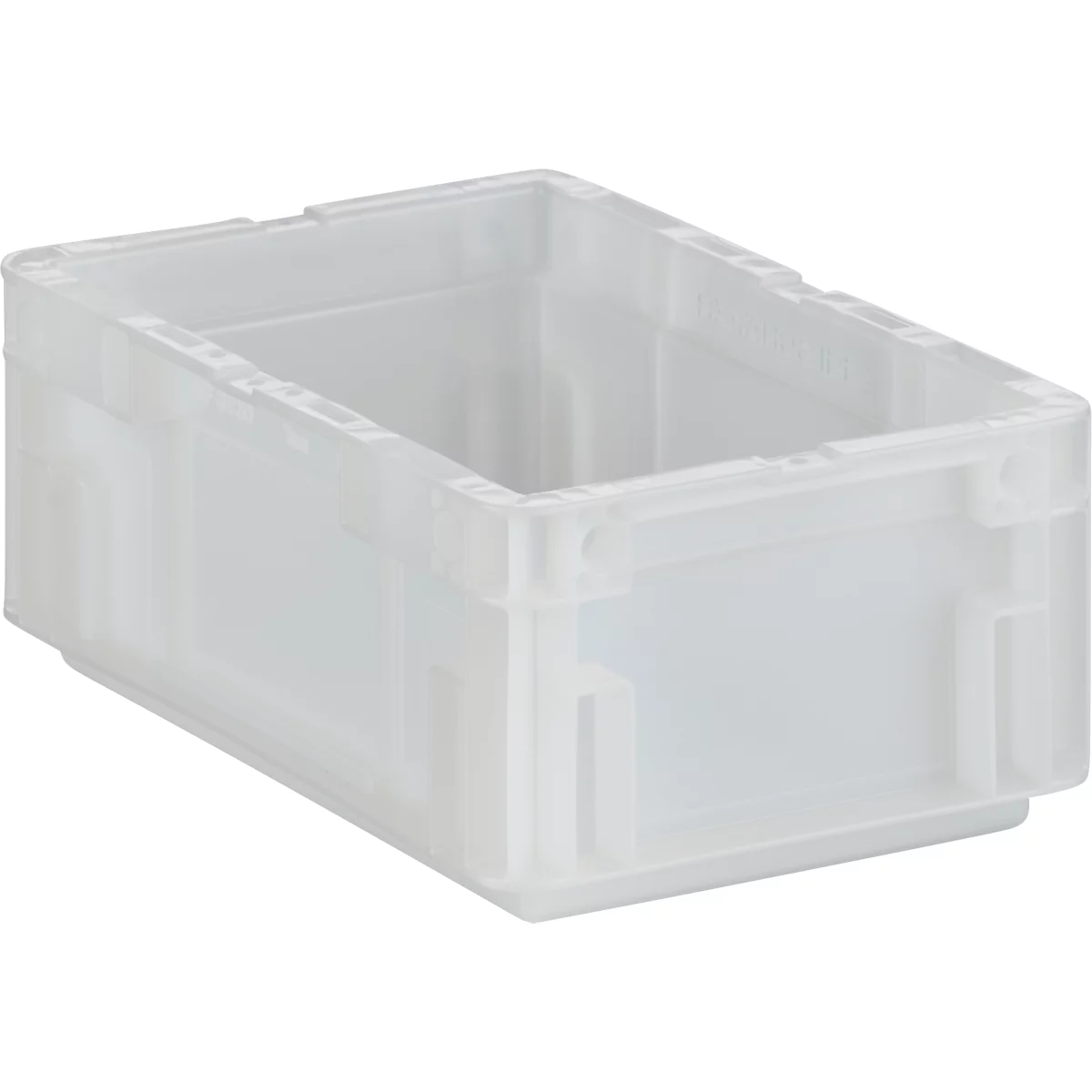 Transparente Kunststoffbox mit offenem Deckel, rechteckig, vor neutralem Hintergrund.