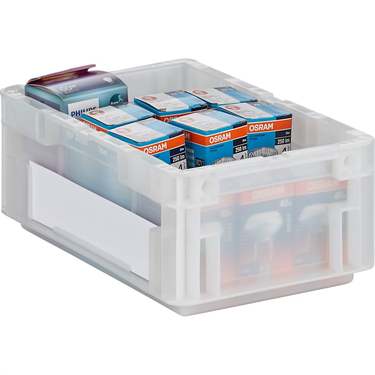 Transparente Kunststoffbox mit Glühbirnen, OSRAM und Philips Kartons.