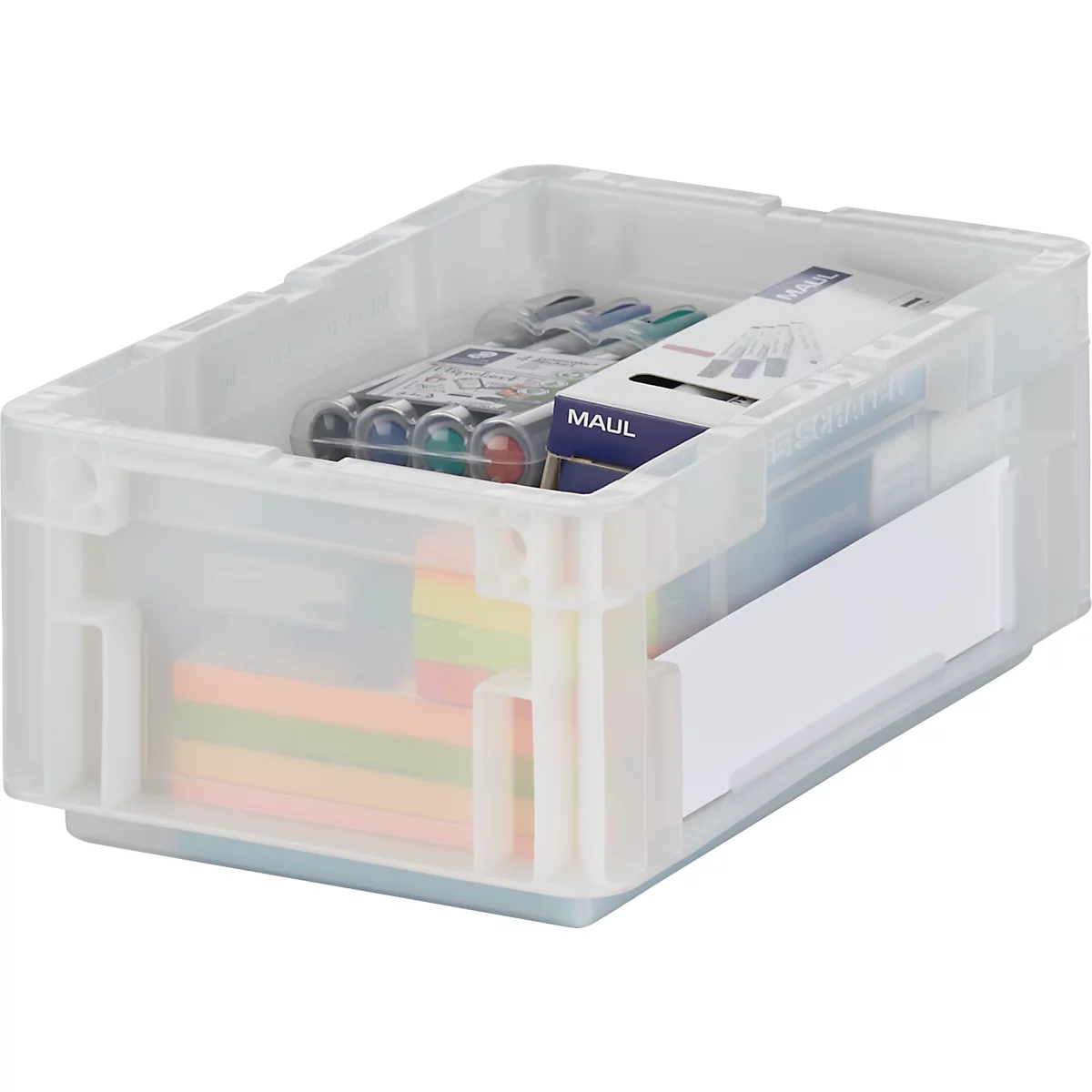 Transparente Kunststoffbox mit Bürobedarf: Stifte, Notizzettel, beschriftete Box von MAUL. Aufkleber an der Seite.