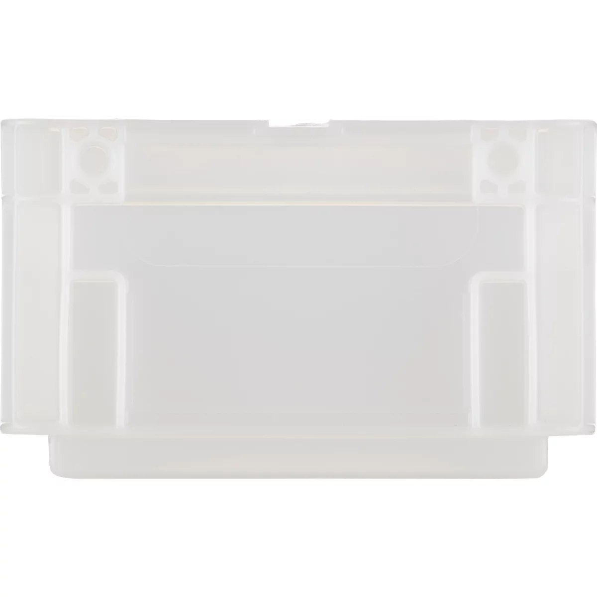 Conteneur en plastique transparent, rectangulaire, avec des bords surélevés et une section supérieure avec deux petits renfoncements.