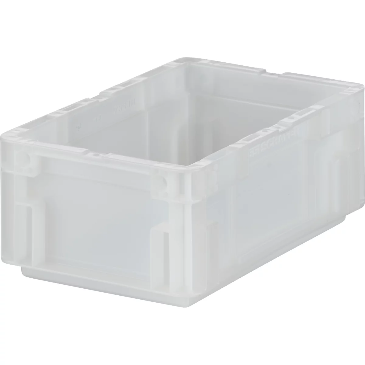 Transparante plastic doos in een rechthoekig ontwerp, met handgreepopeningen en versterkte randen.