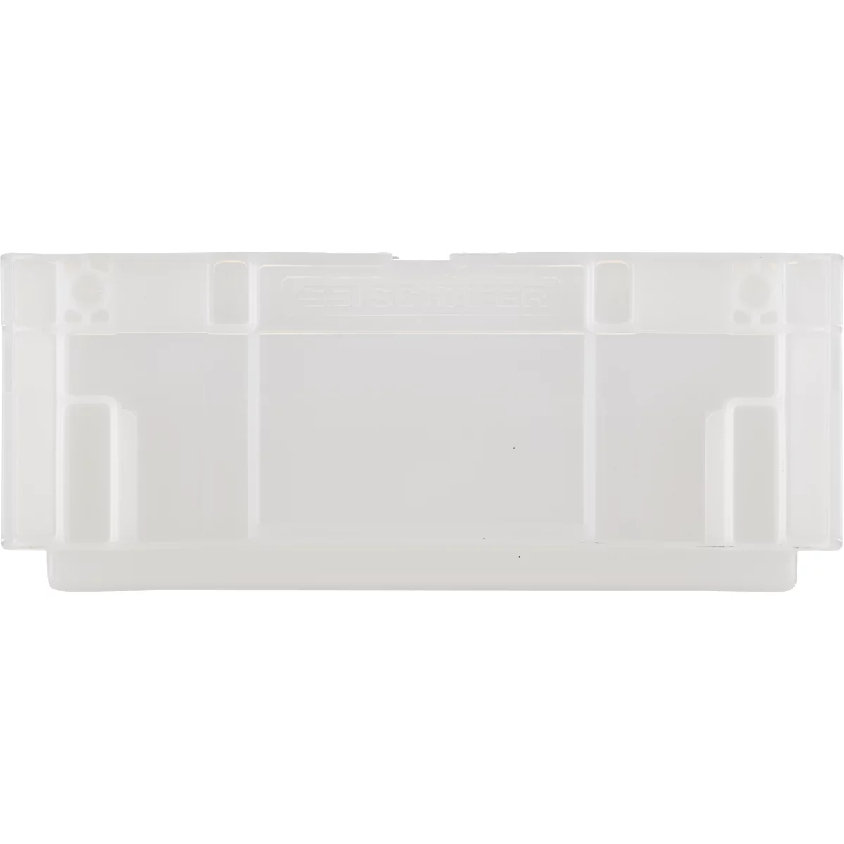 Transparante rechthoekige plastic container met rechthoekige uitsparingen en verhoogde randen.