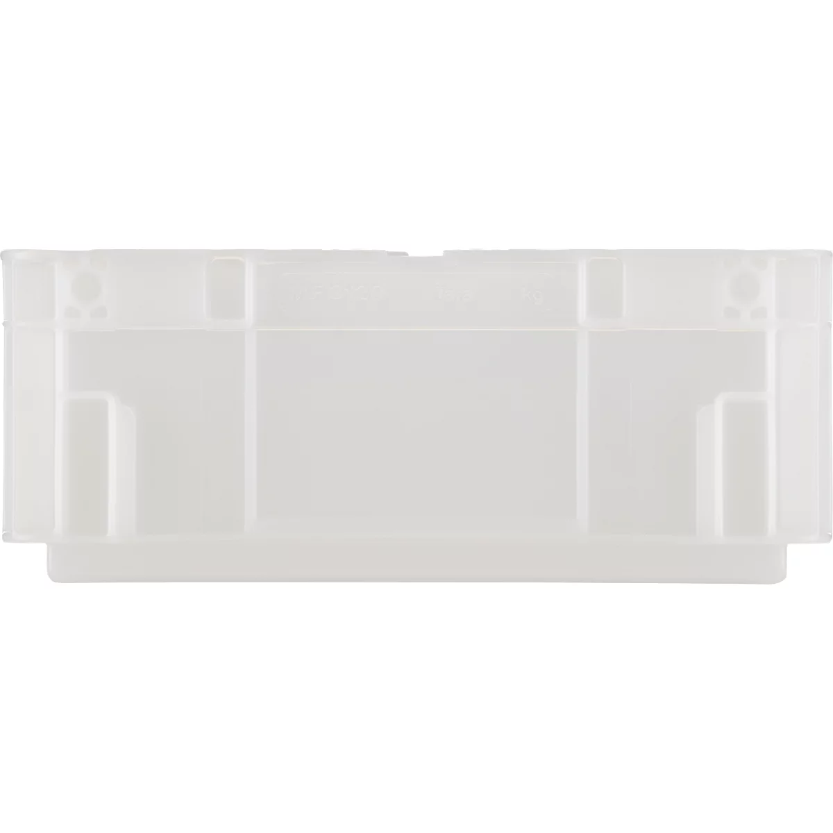 Transparante plastic lade met een rechthoekige vorm en diverse uitsparingen.