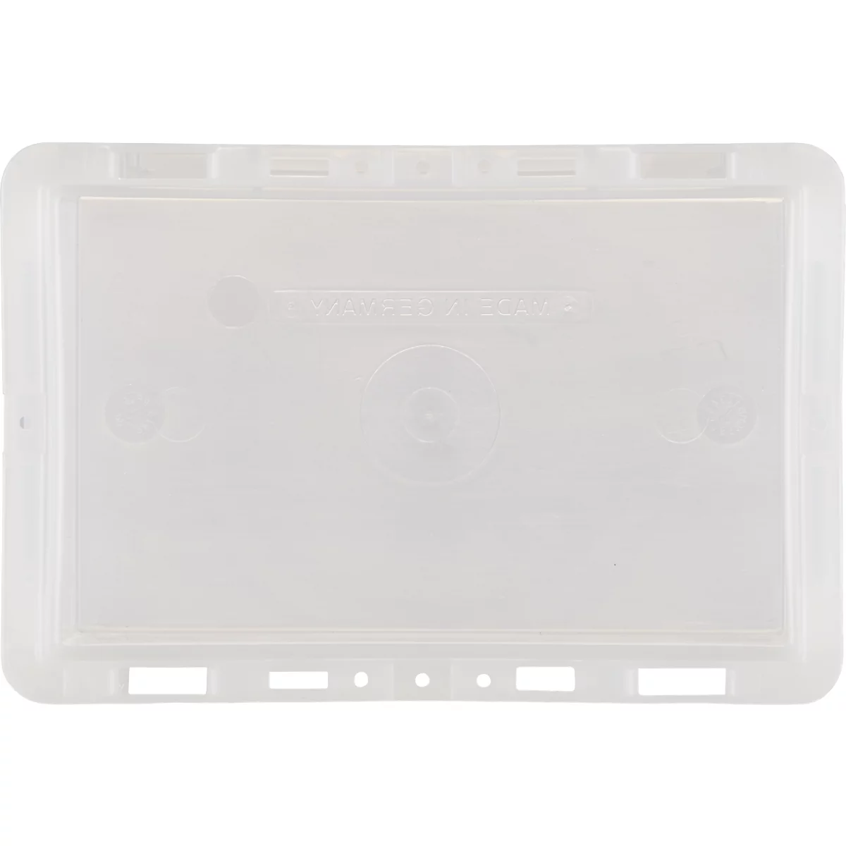 Transparante plastic deksel met een licht verhoogde rand en de tekst 'CAMERA BULK'.